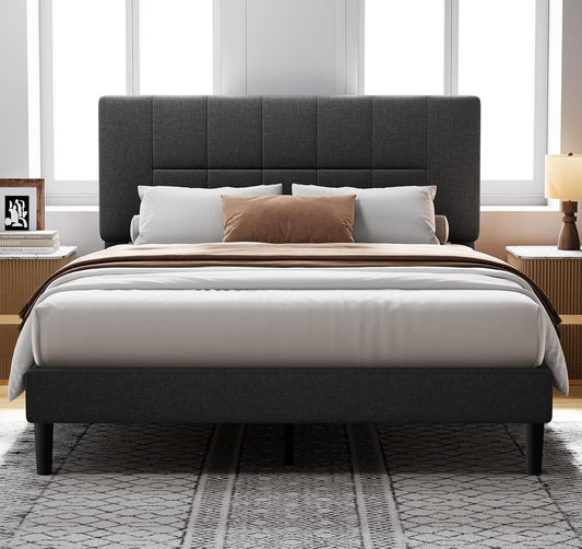 Queen Bed Frame with 12 Thickened Legs&Fabric Upholstered Headboard,1300 Lbs Strong Weight Capacity, Adjustable Headboard, No Box Spring Needed, Easy Assembly, Underbed Storage（Solid Wooden）