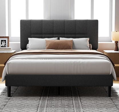 Queen Bed Frame with 12 Thickened Legs&Fabric Upholstered Headboard,1300 Lbs Strong Weight Capacity, Adjustable Headboard, No Box Spring Needed, Easy Assembly, Underbed Storage（Solid Wooden）