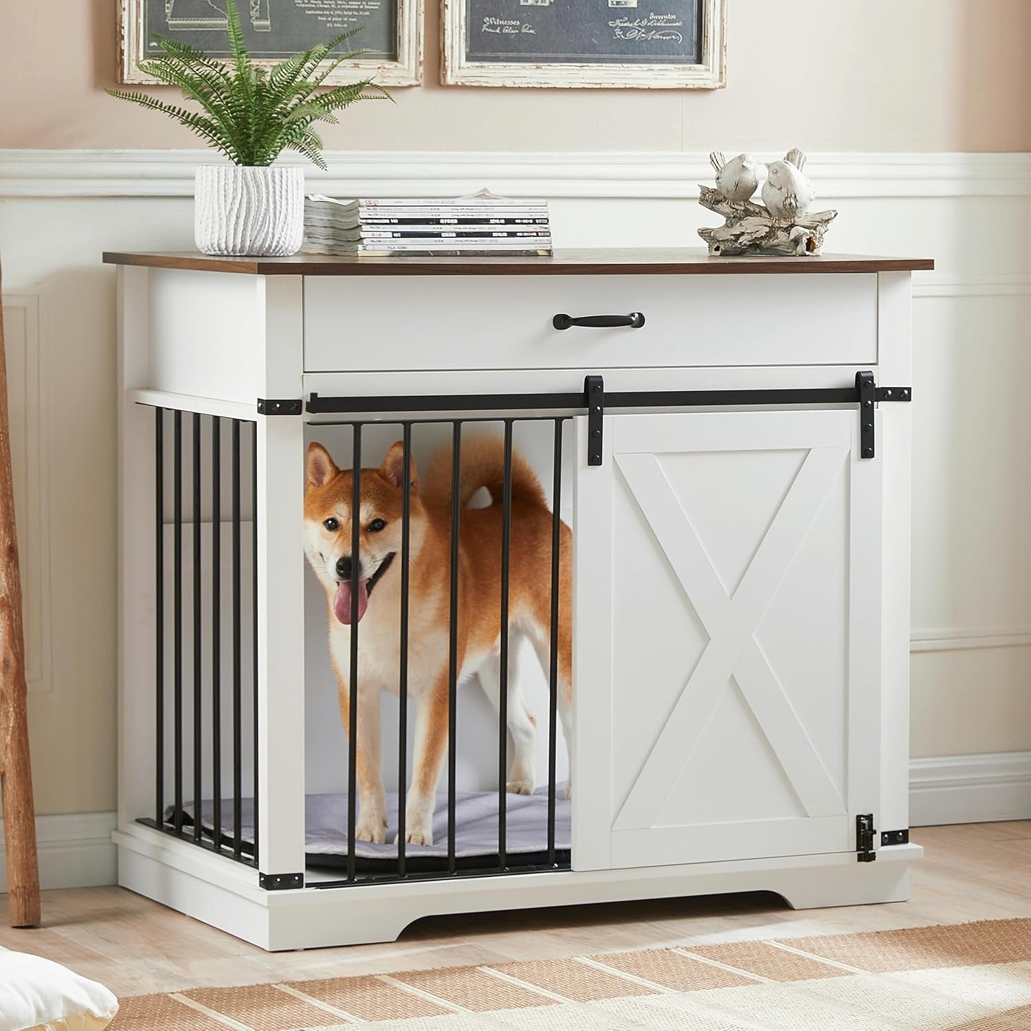 38" Large Dog Crate Furniture with Sliding Barn Door, Wooden Dog Kennel with Drawer for Storage, Water Resistant Indoor Furniture Style Dog Crate for Small/Medium/Large Dog, White