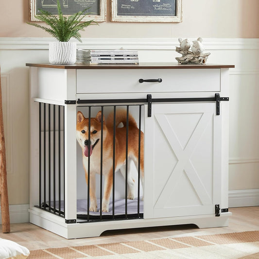 38" Large Dog Crate Furniture with Sliding Barn Door, Wooden Dog Kennel with Drawer for Storage, Water Resistant Indoor Furniture Style Dog Crate for Small/Medium/Large Dog, White