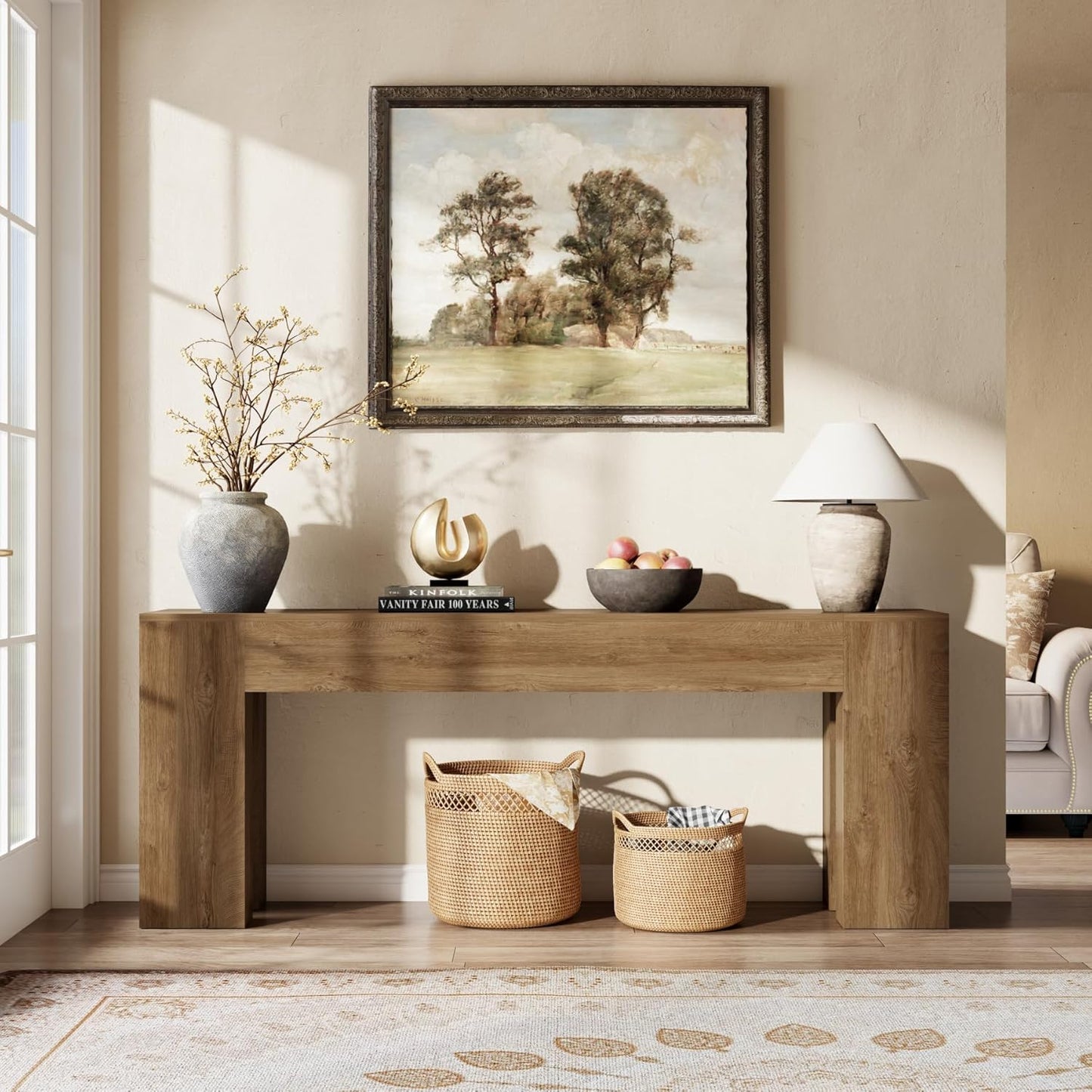 Extra Long Sofa Console Table for Entryway Living Room, 79-Inch Farmhouse Wood behind Couch Table, Rectangular Accent Console with Wooden Double Base for Hallway Foyer Entrance, Natural Oak