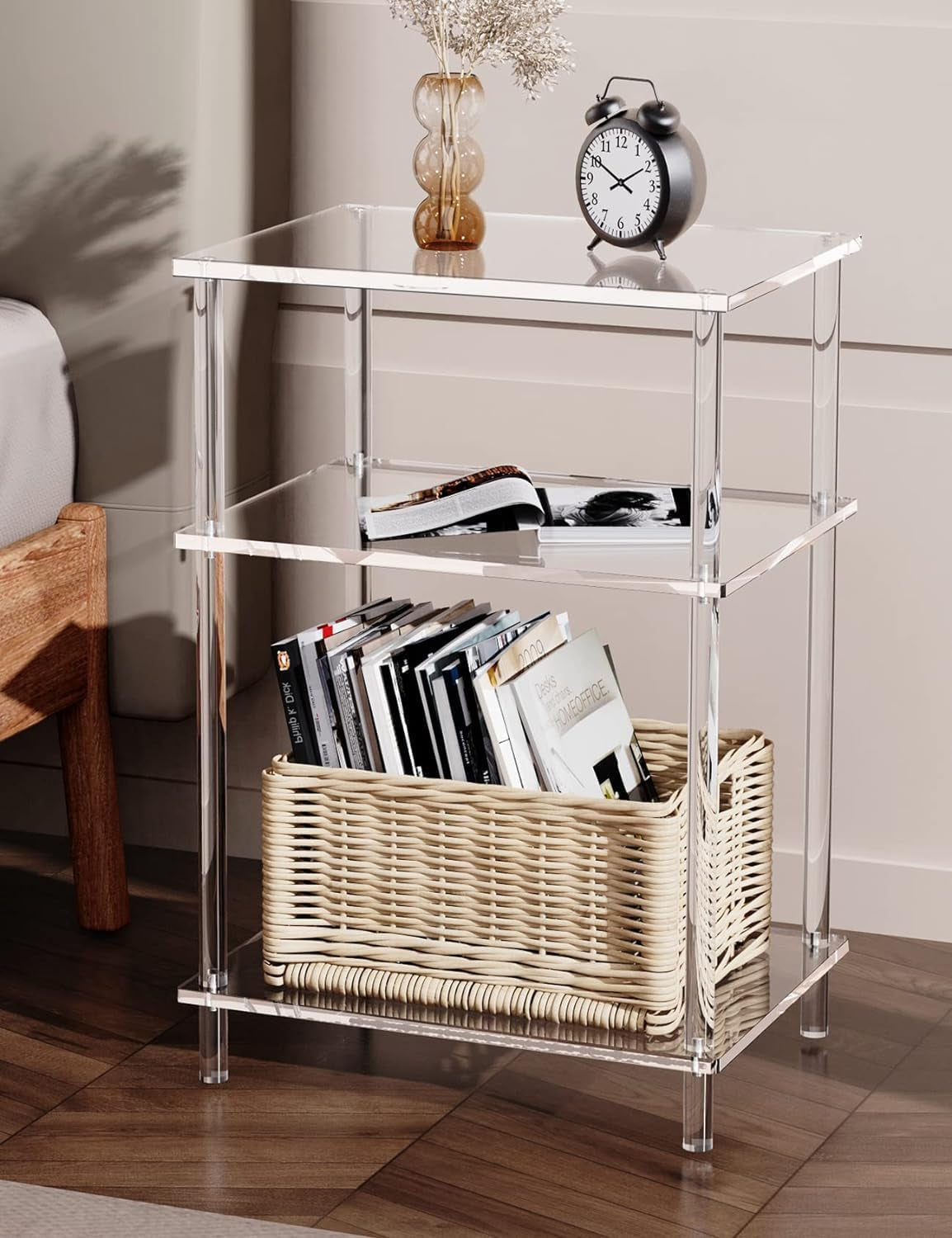 Acrylic Side Table Clear 3-Tier End Table for Living Room, Office, Hallway, Bedroom Small Bedside Table