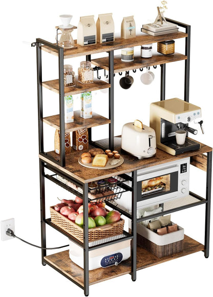 Kitchen Bakers Rack with Power Outlets, 35.4X15.7X70.9 Inch Microwave Stand with Built-In Power Strip & 5 Ft Cord, 10 S-Shaped Hooks, for Dish Storage, Spice Jars, Coffee Bar Organization
