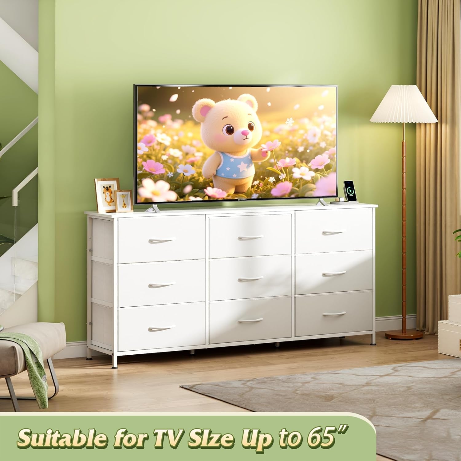 54''W Dresser for Bedroom, White Dresser TV Stand for 55, 60, 65 Inch TV, Wide Chest of Drawers with 9 Drawer, Large Entertainment Center, Fabric Dressers with Wood Top for Closet, Living Room