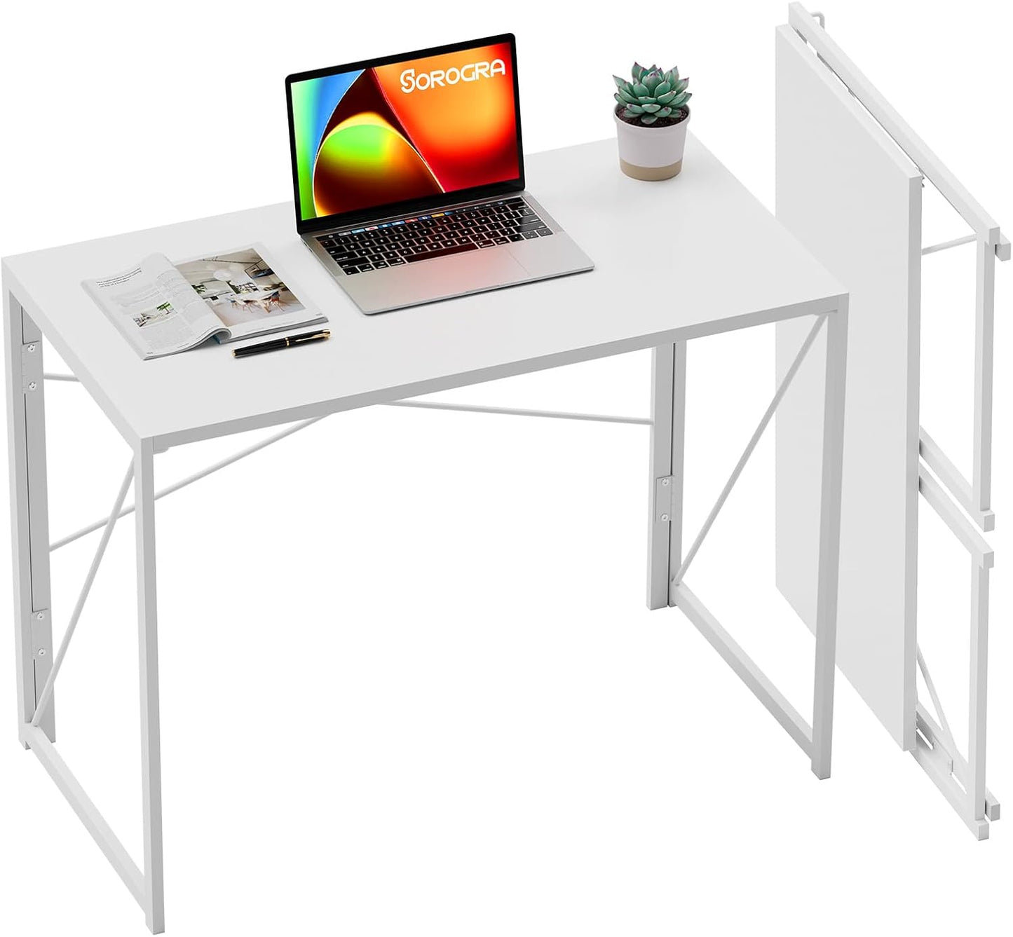 Folding Desk 31.5 Inch Foldable Small Portable Computer Desks, Spaces Saving Writing Sturdy Table for Bedroom, Home Office, Dorm, Apartment, Pre Assembled, White
