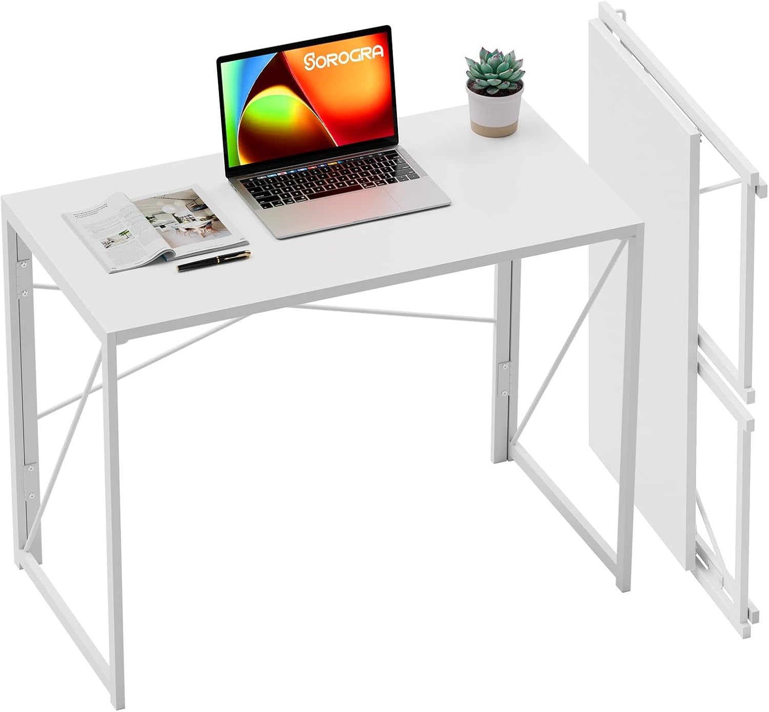 Folding Desk 31.5 Inch Foldable Small Portable Computer Desks, Spaces Saving Writing Sturdy Table for Bedroom, Home Office, Dorm, Apartment, Pre Assembled, White