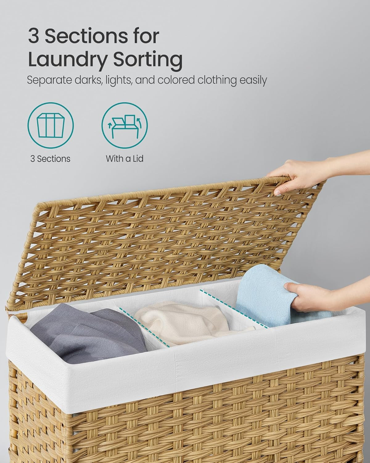 Laundry Hamper with Lid, 42.3 Gallons (160 L), Rolling Laundry Basket with Wheels, 3-Section Synthetic Rattan, Removable Liner, Bedroom, 29.9 X 13 X 26 Inches, Natural ULCB365N01