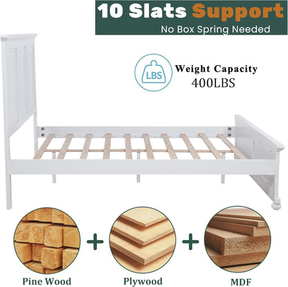 Wood Queen Bed Frame with Tall Headboard and Footboard, Rustic Queen Panel Bed with under Bed Storage, Farmhouse Style, Noise-Free, No Box Spring Needed, White