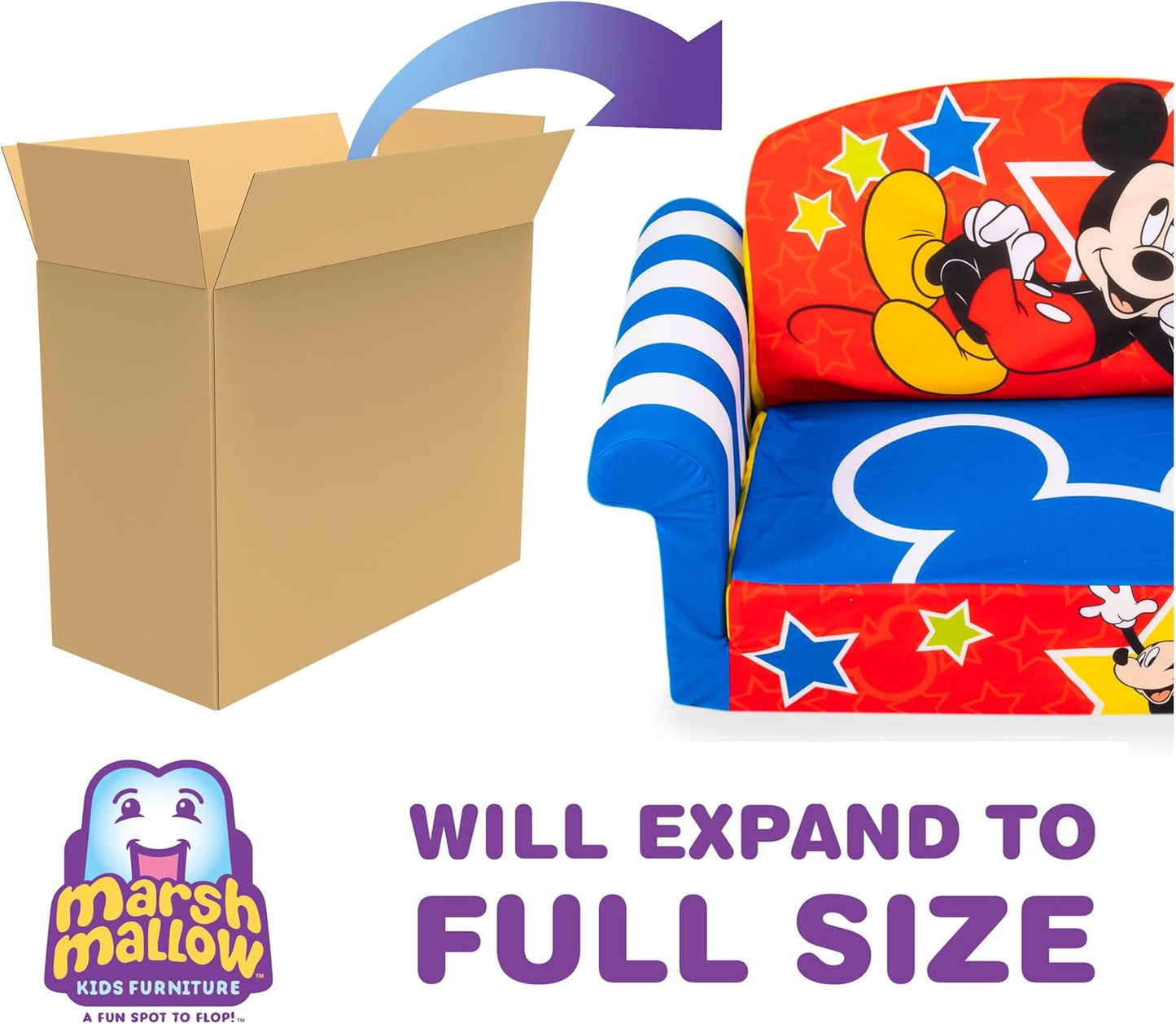 Kids Sofa, 2-In-1 Flip Open Foam Couch and Bed, Mickey Mouse - Pullout Sleeper for Folding Lounging, Sitting, and Napping - Ideal for Bedroom and Playroom