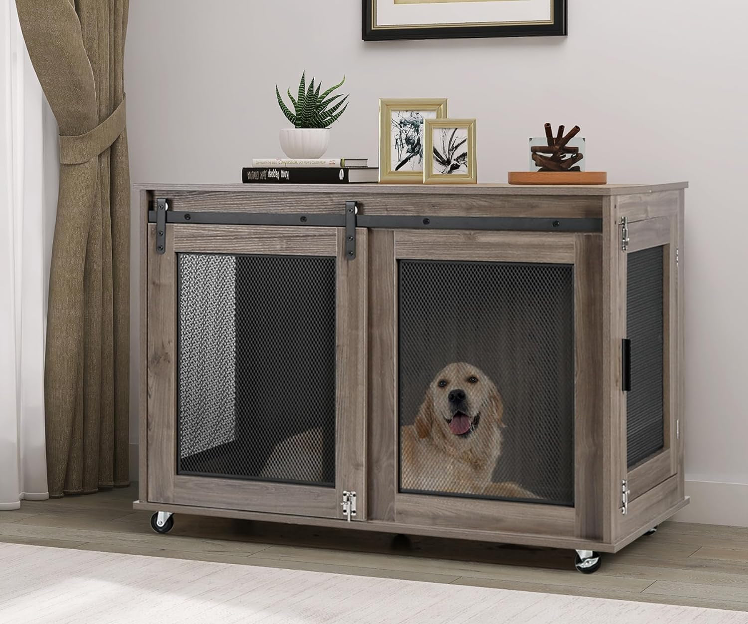 40 Inch Dog Crate Furniture, Wooden Heavy Duty Dog Kennel Indoor, Decorative Dog Cage Table for Large Medium Dogs, with Sliding Doors, Wheels and Flip-Top Plate