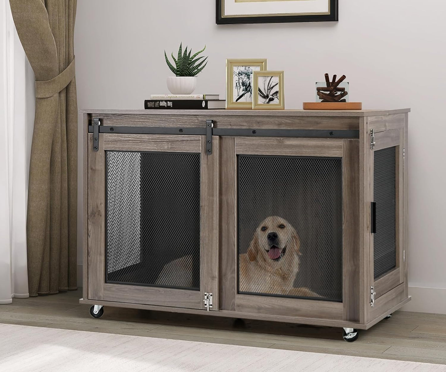 47 Inch Large Dog Crate Furniture, Wooden Heavy Duty XL Dog Kennel Indoor, Decorative Dog Cage Table for Large Dogs, with Sliding Doors, Wheels and Flip-Top Plate, Rustic Brown