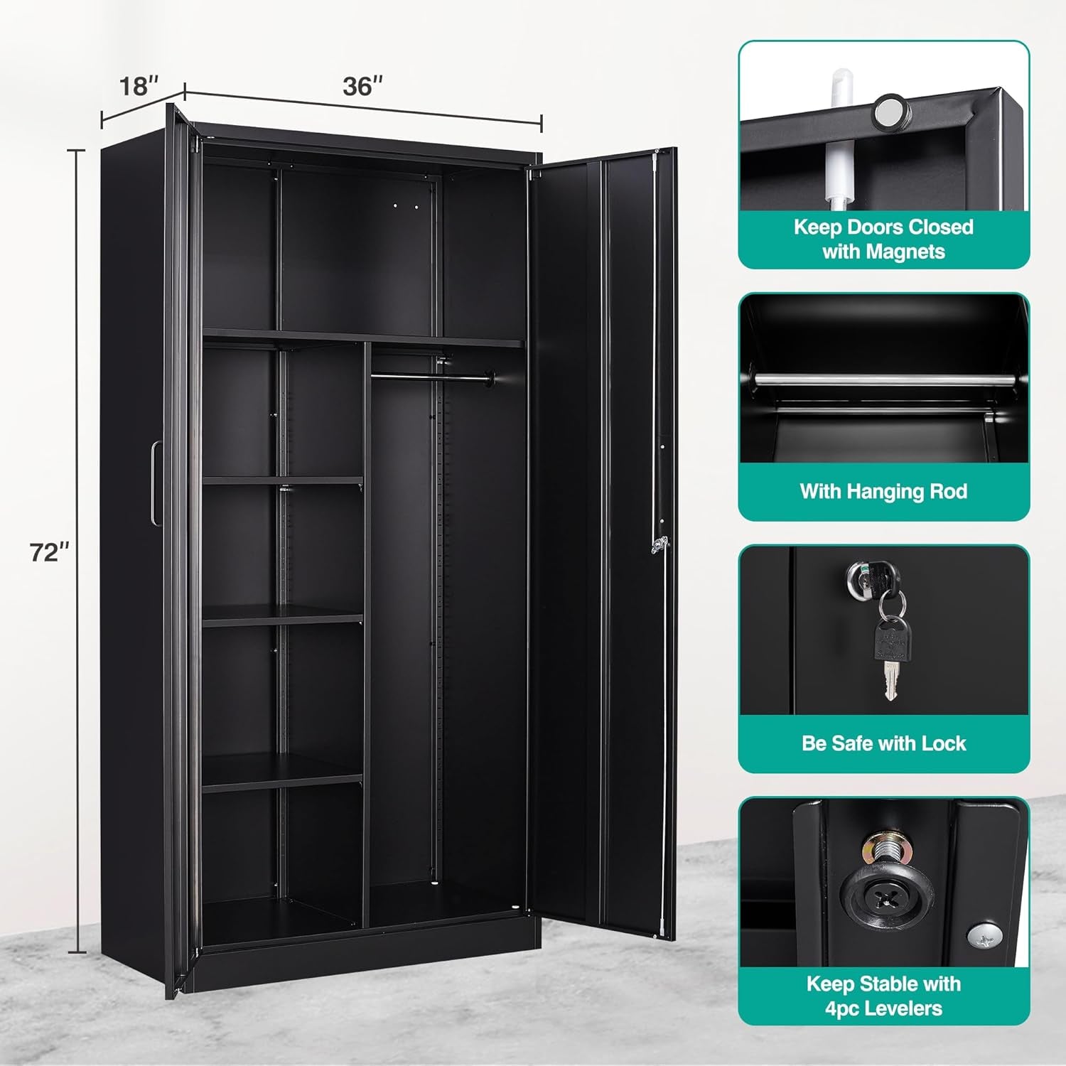 Metal Wardrobe Cabinet with Lock,72" Armoire Closet with Hanging Rod,Lockable Storage Locker,Black Storage Cabinet with Locking Doors,Garage Closet,Steel Wardrobe for Home,Bedroom,Office,Employee,Shop