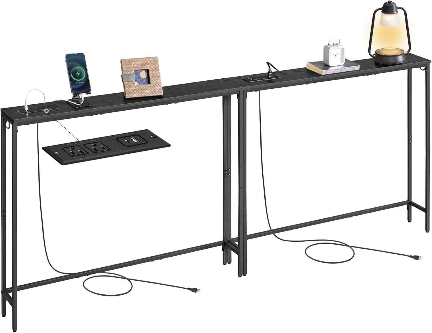 Set of 2 Console Tables with Power Outlets, Slim behind Couch Sofa Tables, 5.9 X 39.4 X 31.5 Inches, 2 Hooks, Easy Assembly, for Entryway, Living Room, Ebony Black and Ink Black ULNT078B01