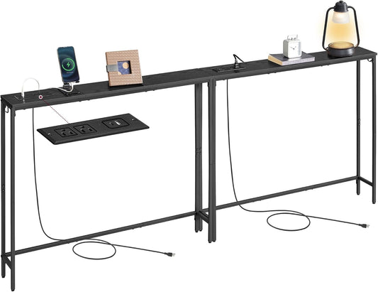 Set of 2 Console Tables with Power Outlets, Slim behind Couch Sofa Tables, 5.9 X 39.4 X 31.5 Inches, 2 Hooks, Easy Assembly, for Entryway, Living Room, Ebony Black and Ink Black ULNT078B01