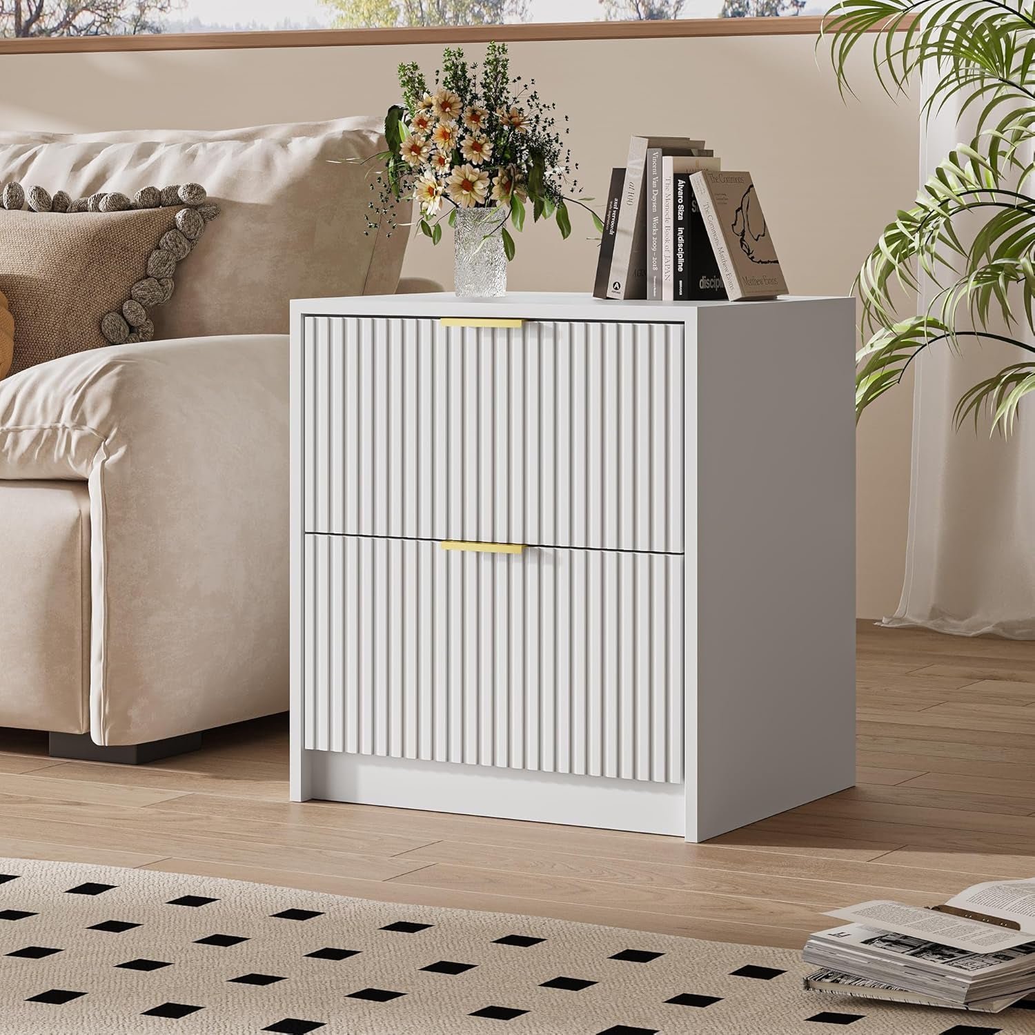 3-Piece Dresser Bedroom Set, 9 Drawer Dresser & 2 Drawer Nightstands with Gold Handles, Fluted Wood Chest of Drawers for Bedroom, Living Room, Entryway, White