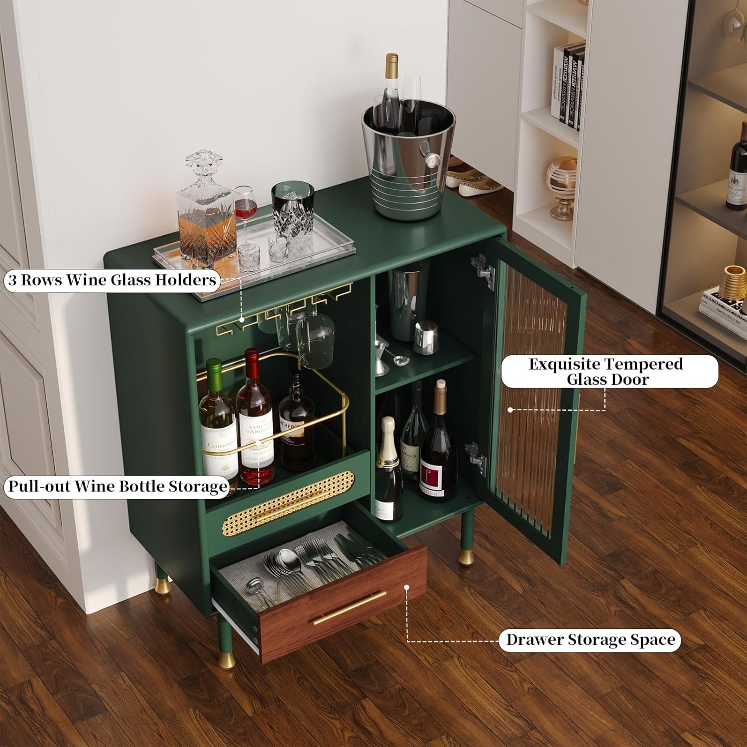 Modern Coffee Bar Cabinet with Wine Glass Rack and Drawers, Green Liquor Cabinet with Pull-Out Wine Storage for Kitchen, Dining Room, Living Room
