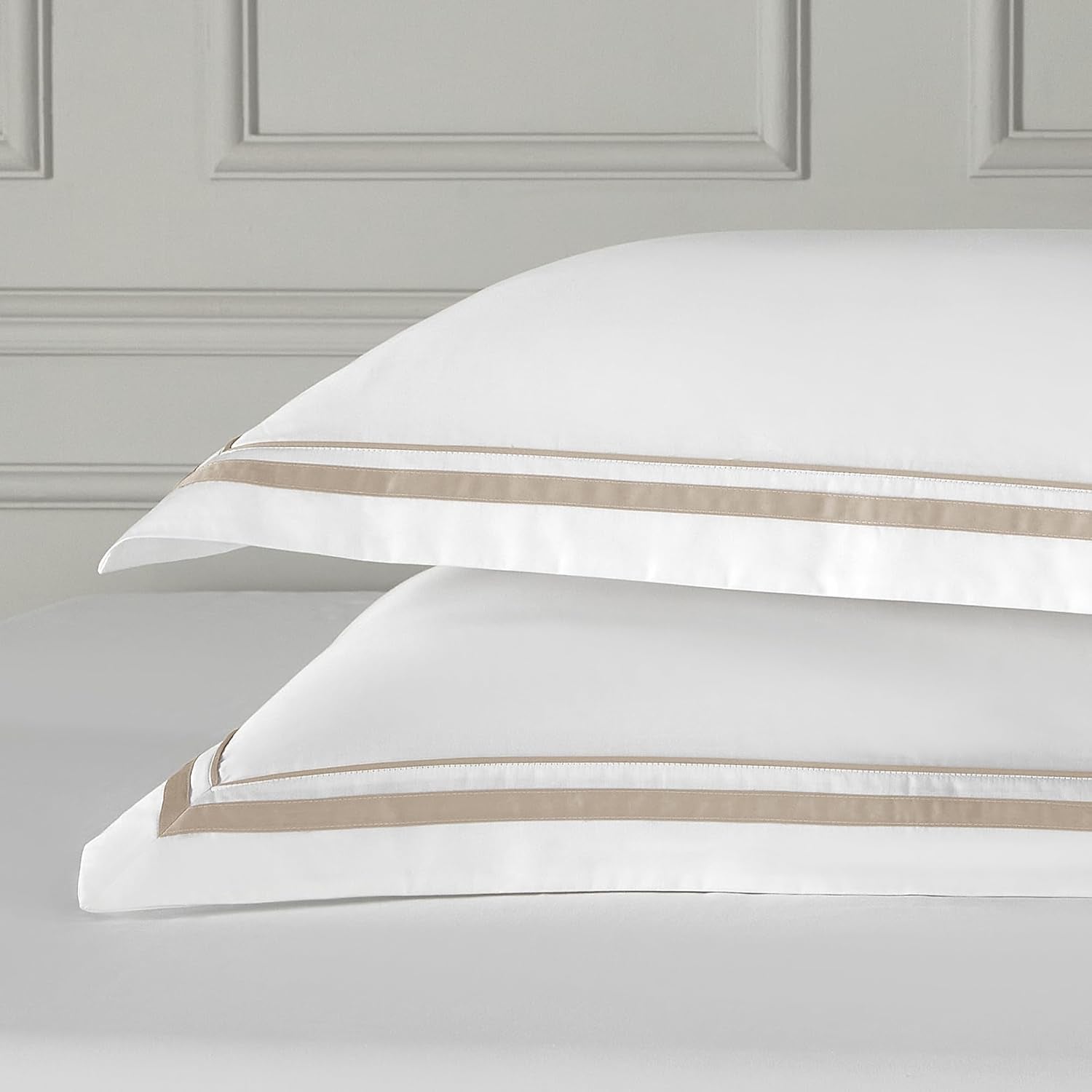 White Pillow Shams King Size Set of 2, 100% Cotton 400TC Sateen Luxury Hotel Pillow Cases, Pipping Oxford Pillowcases with Envelope Closure for Bedding Linen, 20X36 Inches (White with Khaki)