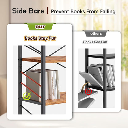 3 Tier Bookshelf, Industrial Bookcase with Metal Frame and Sidebars, Office Shelves for Small Spaces, Bedroom, Living Room, Rustic Brown