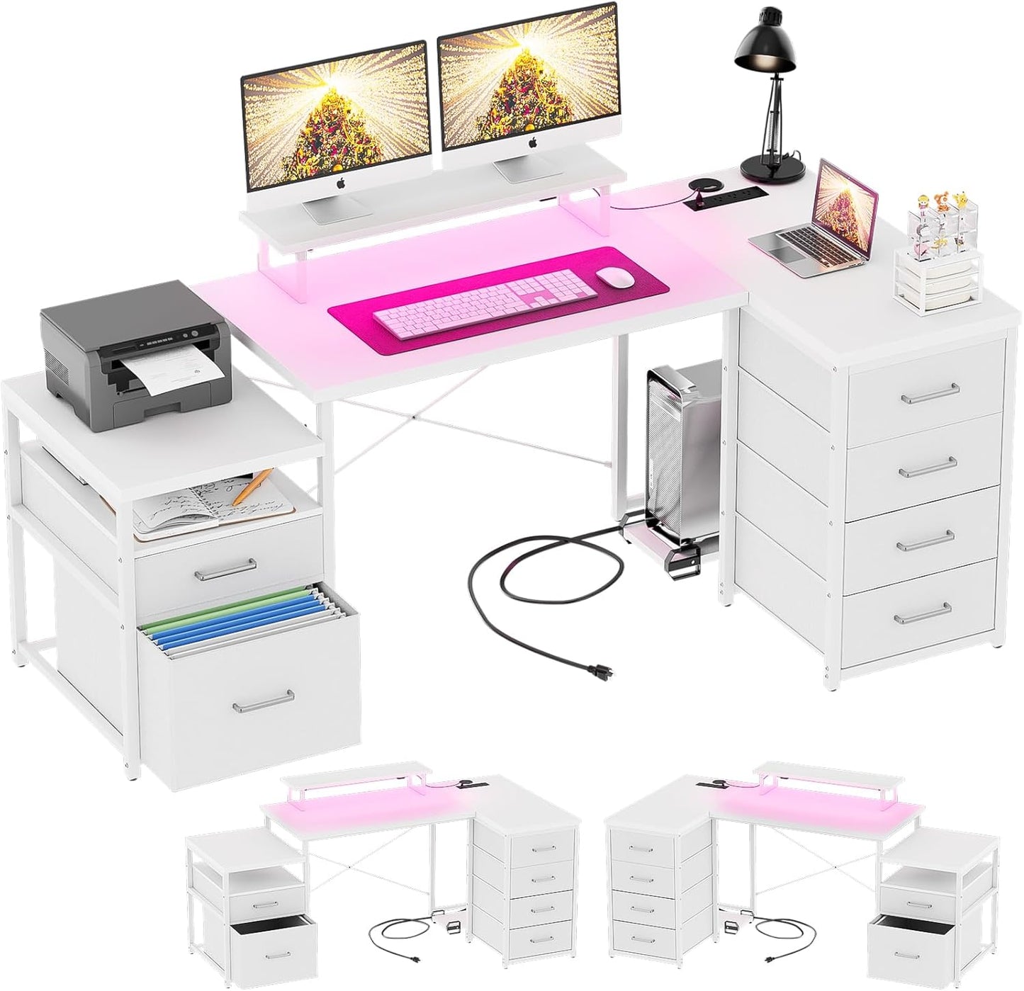 70.8" Reversible L Shaped Computer Desk with Fabric File Drawers, Corner Desks with RGB LED Light & Power Outlets & Monitor Stand, Large Gaming Desk for Home Office Workstation, White