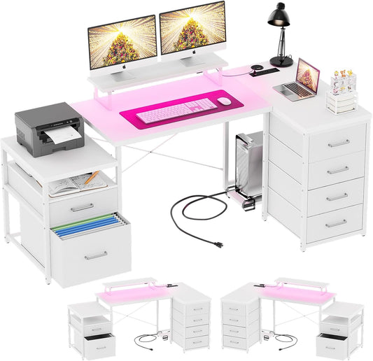70.8" Reversible L Shaped Computer Desk with Fabric File Drawers, Corner Desks with RGB LED Light & Power Outlets & Monitor Stand, Large Gaming Desk for Home Office Workstation, White