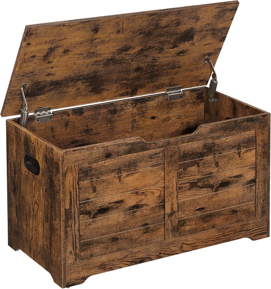 Storage Chest, Storage Bench with 2 Safety Hinges, Farmhouse Style, 15.7 X 31.5 X 18.1 Inches, for Entryway, Bedroom, Living Room, Rustic Brown ULSB063T01