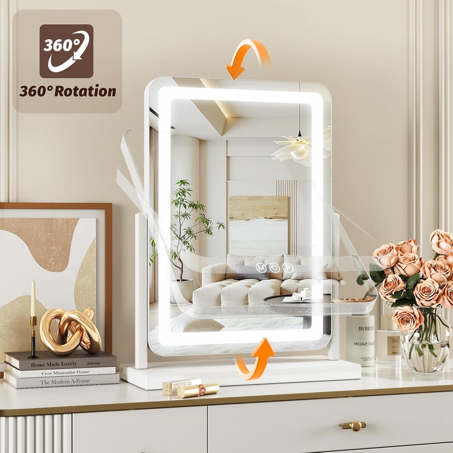 Vanity Mirror with Lights, 18"X13" Hollywood Lighted Makeup Mirror for Tabletop & Bedroom 3 Color Lighting Modes Smart Touch Control 360° Rotation Detachable