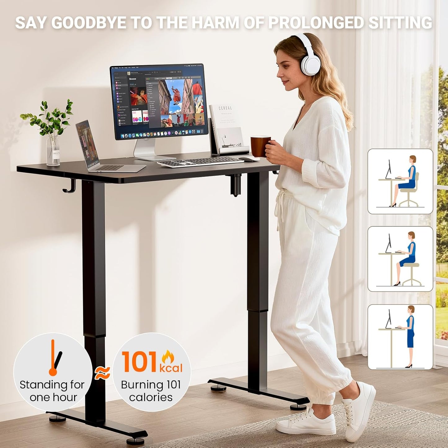 47.2" Standing Desk, Adjustable Height Office Desk with Wood Desktop, Computer Table for Home Work, Study and Gaming, Small Spaces, Modern Furniture, Black