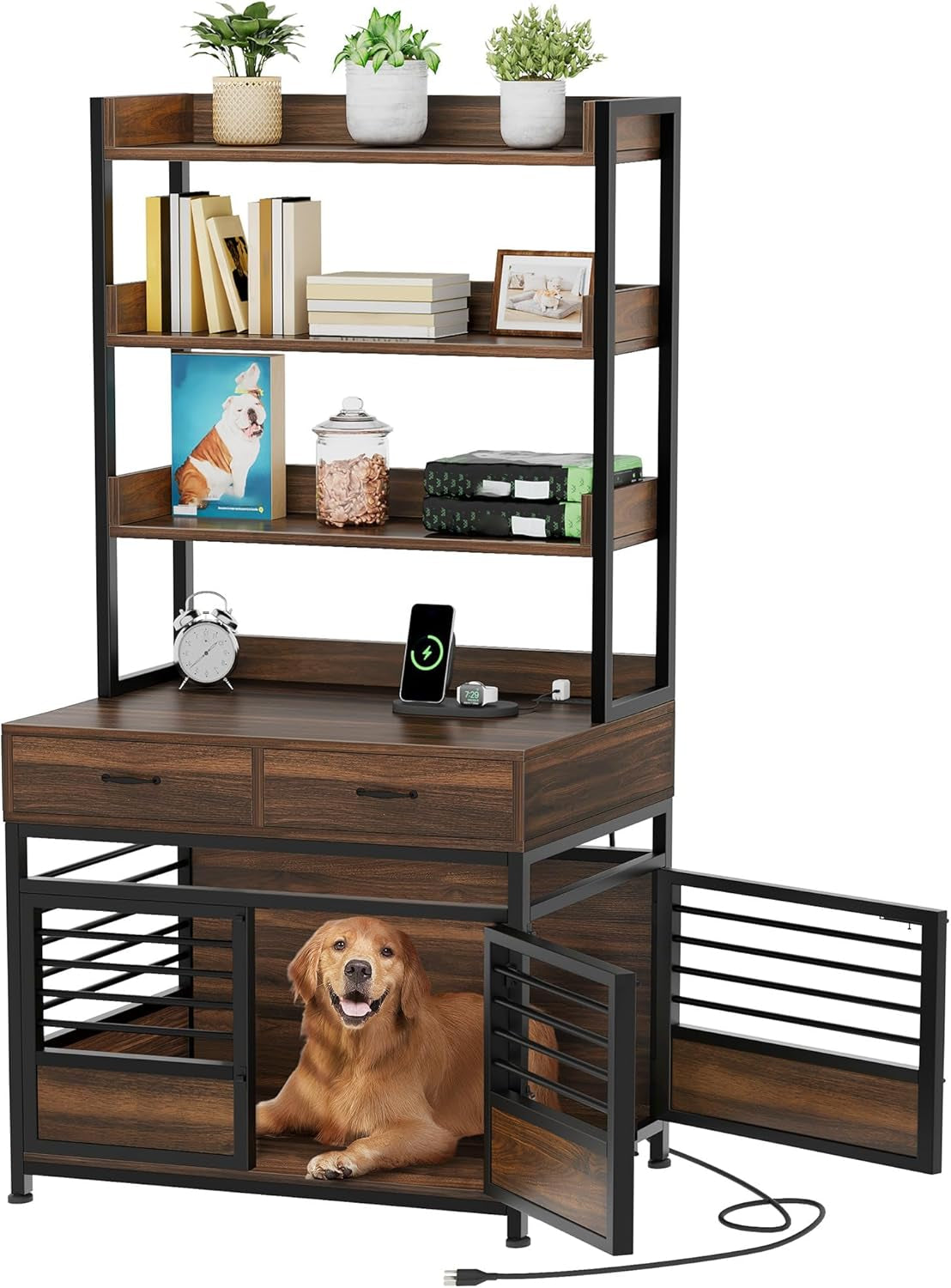 Dog Crate Furniture with Storage Shelves, Heavy Duty Dog Crate with Drawers & Charging Station, 39 Inch Dog Kennel Indoor Furniture for Large Dogs, Modern Dog Crate with Double Doors, Brown
