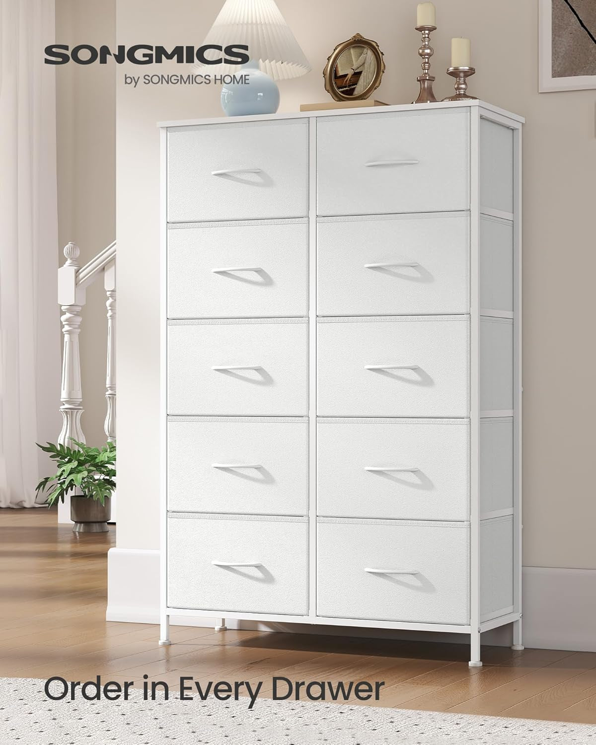 Dresser for Bedroom, Chest of Drawers, Steel, MDF, 10 Non-Woven Fabric Drawers, Storage Organizer Unit, Closet, Entryway, Cloud White and Snow White ULGS125W01S