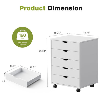 5 Drawer Chest Mobile Storage Cabinets Small Wooden Dresser with Wheels Room Organization Furniture for Office Home, White Wood
