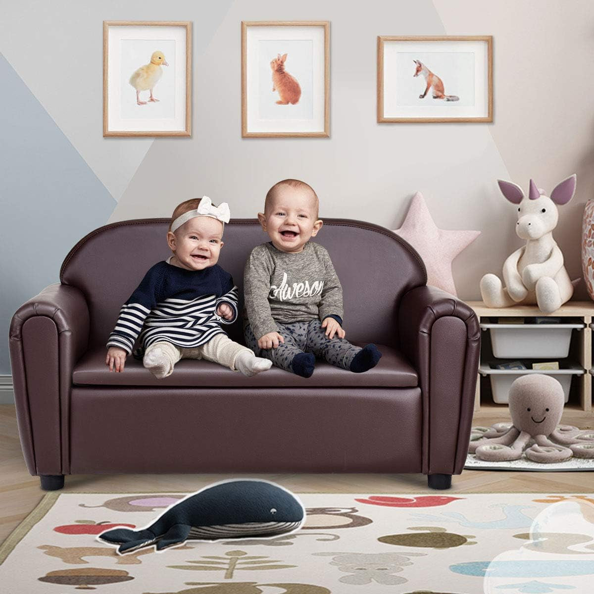 Kids Couch, 2 in 1 Double Seat Children'S Sofa W/Under Seat Storage, PU Leather Surface, Toddler Armrest Chair, Kids Room, Soft Sofa with Storage for Preschool Baby Boys Girls Gifts