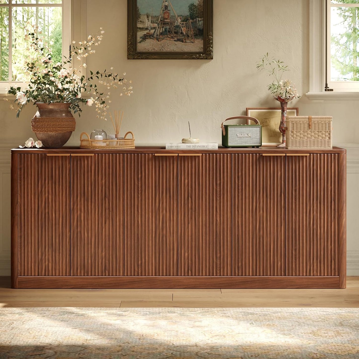 67" Fluted Walnut Buffet Cabinet Sideboard with Storage, Large Credenza with 6 Doors, Wood Mid Century Modern Sideboard for Kitchen and Living Room (67" W*31.5" H*15.7" D)