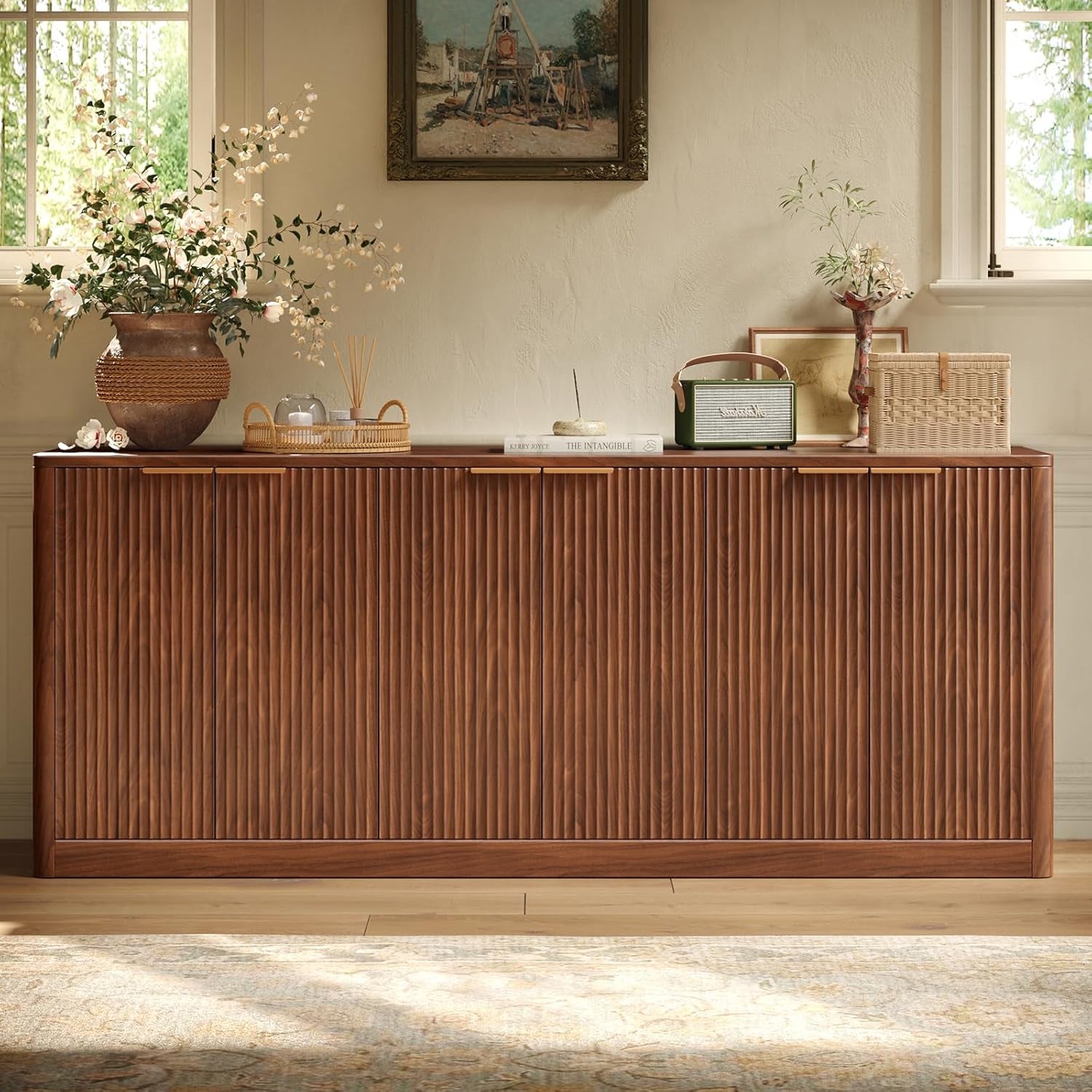 67" Fluted Walnut Buffet Cabinet Sideboard with Storage, Large Credenza with 6 Doors, Wood Mid Century Modern Sideboard for Kitchen and Living Room (67" W*31.5" H*15.7" D)