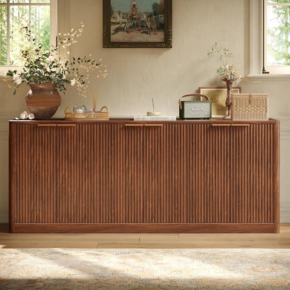 67" Fluted Walnut Buffet Cabinet Sideboard with Storage, Large Credenza with 6 Doors, Wood Mid Century Modern Sideboard for Kitchen and Living Room (67" W*31.5" H*15.7" D)