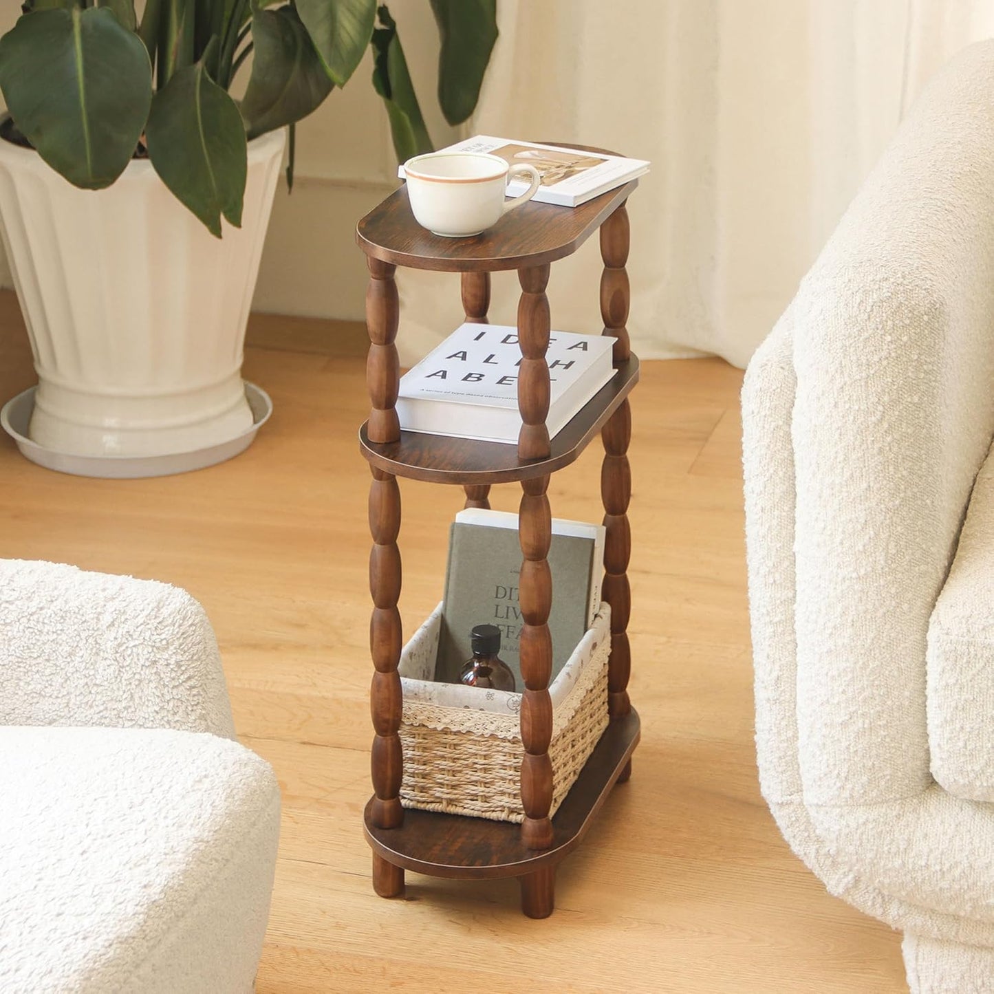 Small Narrow Side Table, 3-Tier Narrow End Table with Storage, Skinny Side Table Nightstand for Small Space, Bedrooms, Living Room (Rustic Brown)