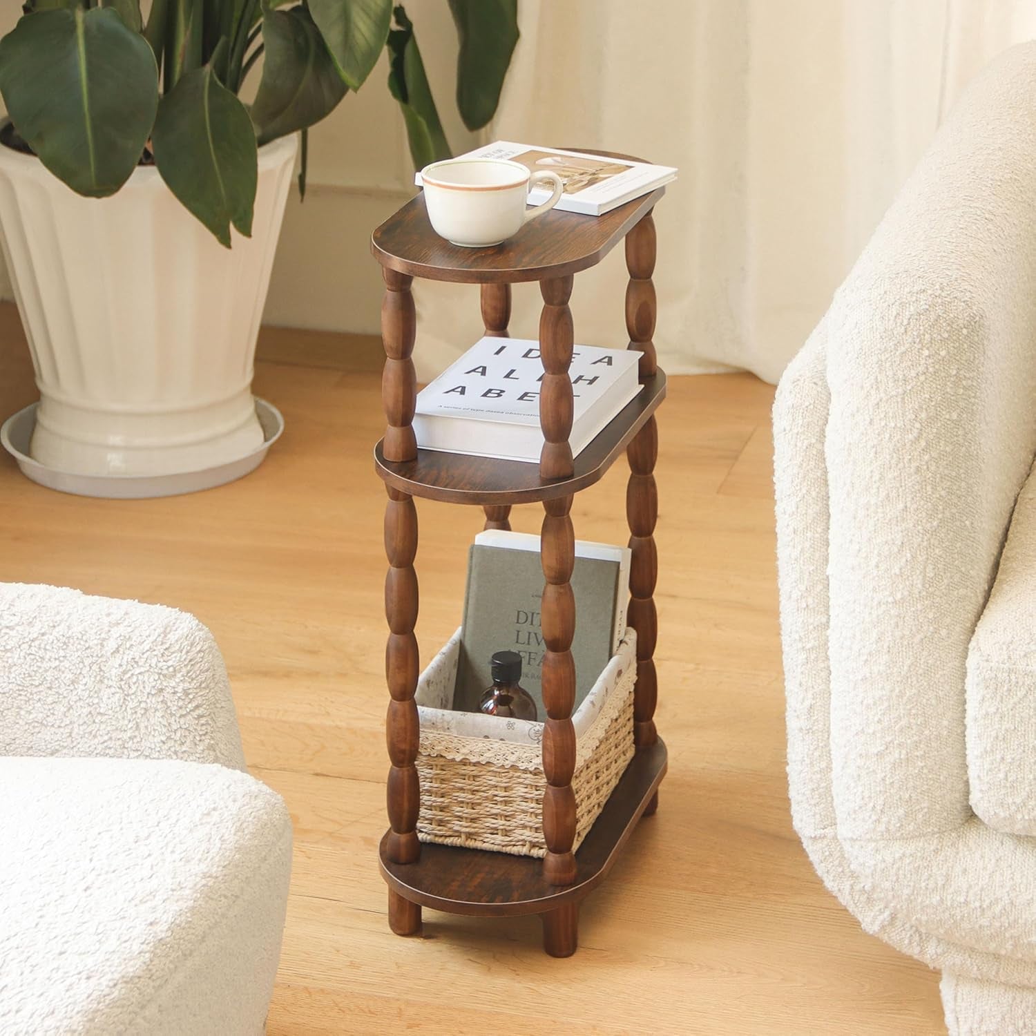 Small Narrow Side Table, 3-Tier Narrow End Table with Storage, Skinny Side Table Nightstand for Small Space, Bedrooms, Living Room (Rustic Brown)