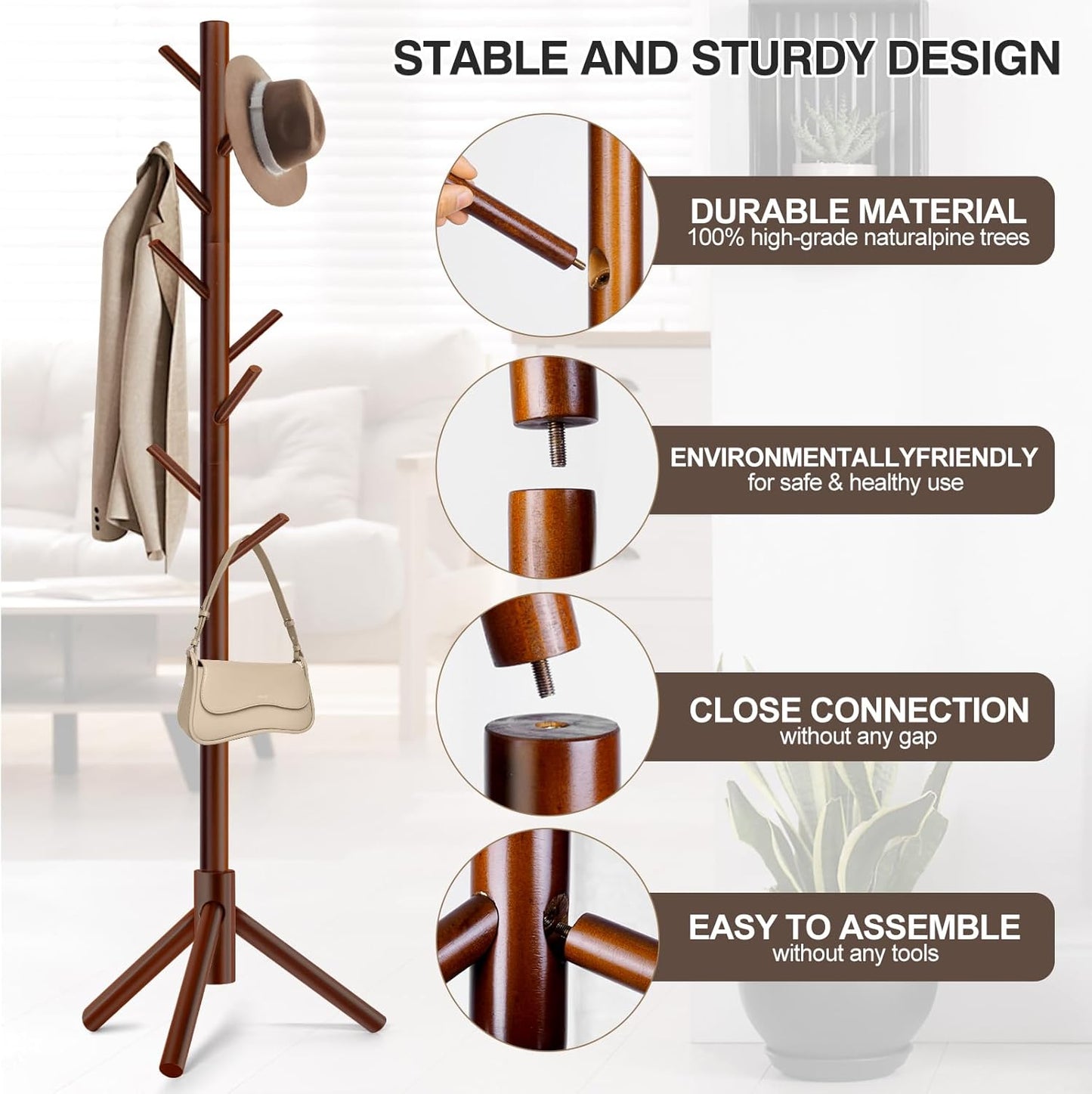 Coat Rack, Freestanding Coat Rack with 8 Hooks and 3 Adjustable Size Tree Coat Racks for Bedroom, Hallway, Entrance, Office, for Hats, Coats, Scarves, Handbags