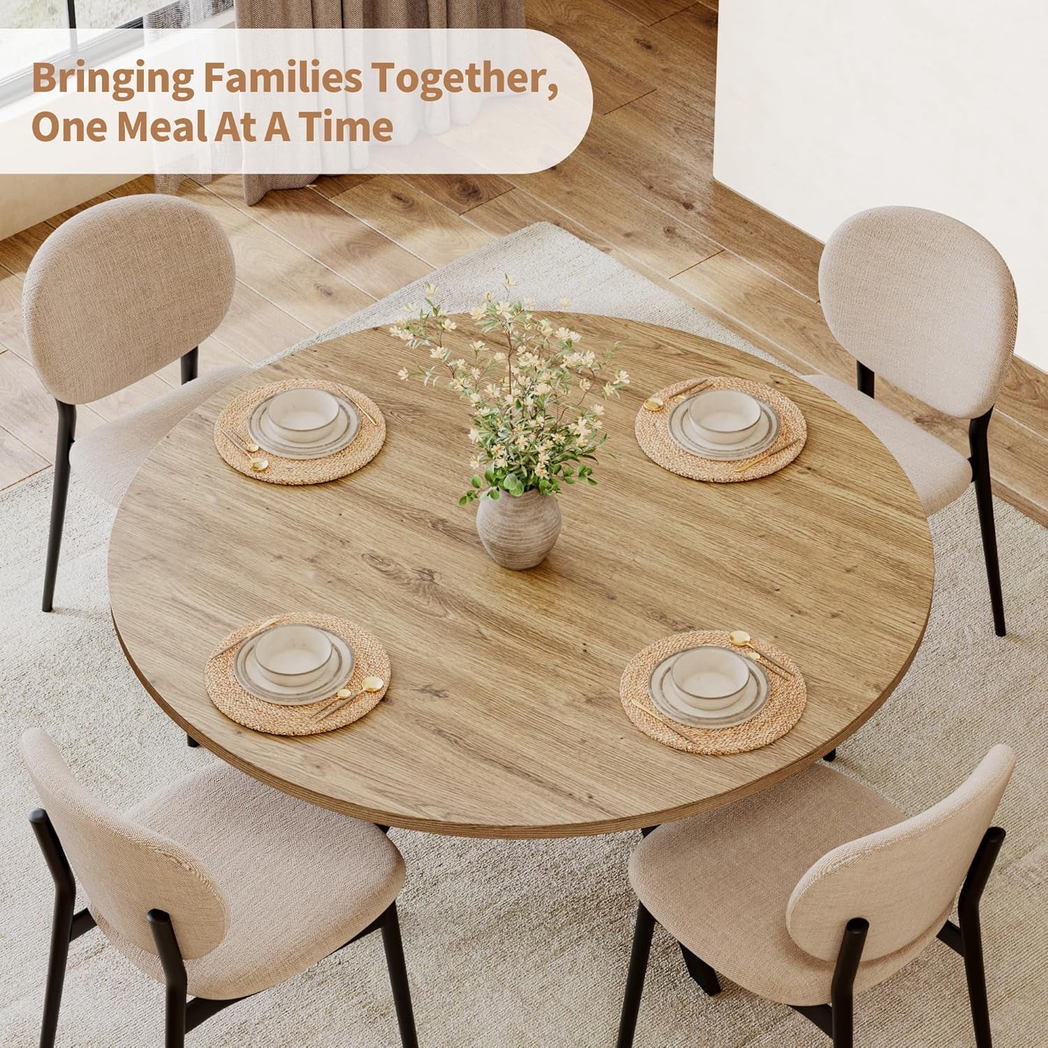 42 Inch round Dining Table for 2–4, Farmhouse round Kitchen Table with Storage Shelf, Pedestal Dining Table, Wood Top & Metal Base, Small Space Table for Apartment, Dining Room