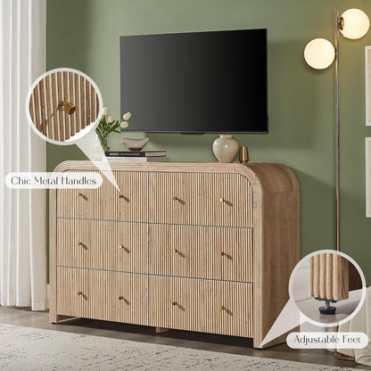 Fluted 6 Drawers Dresser for Bedroom, 54" Wide Modern Chest of Drawers with Thickened Curved Profile Design, Wood Dressers TV Stand for Bedroom, Living Room, Hallway, Natural Oak