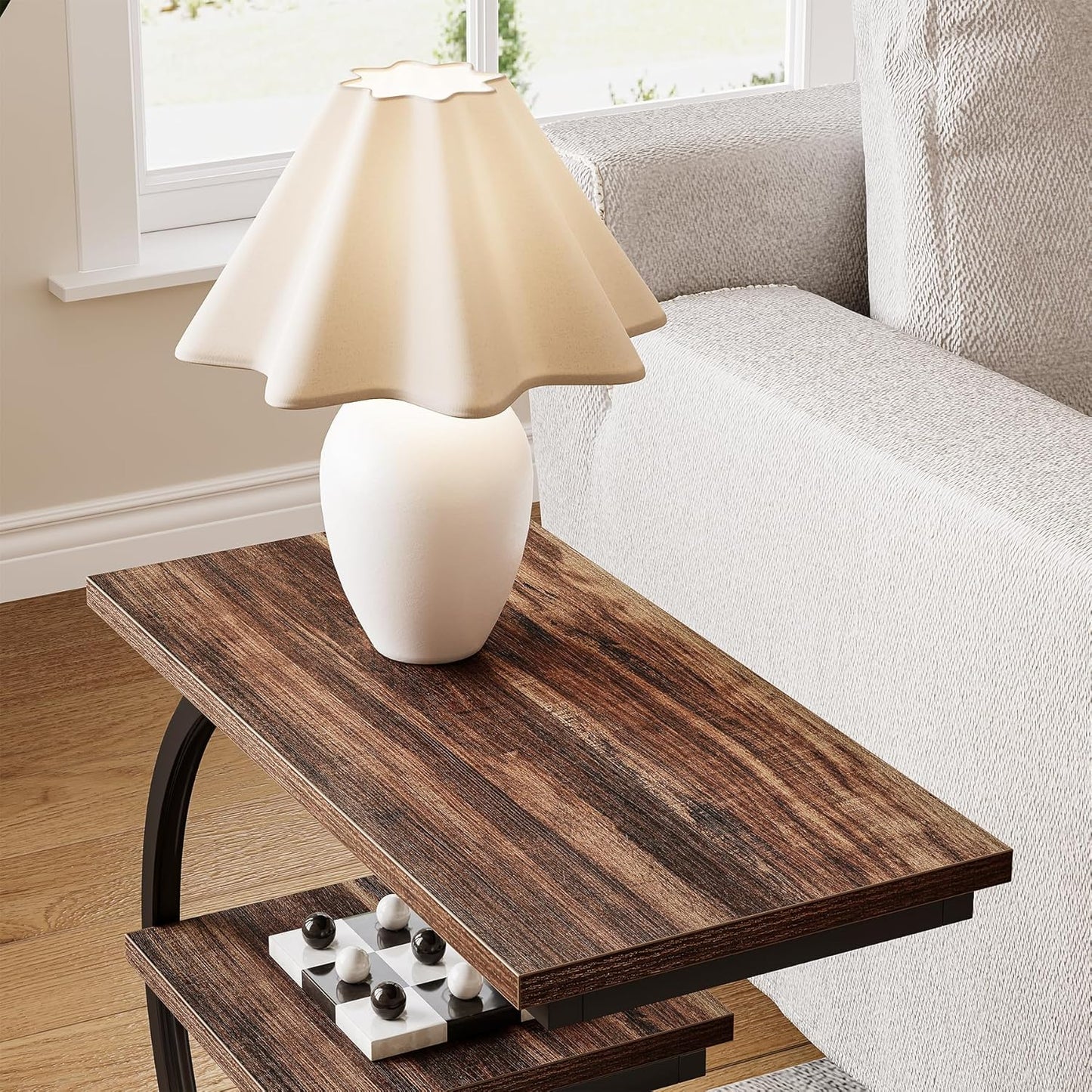 End Table, Narrow End Table with 3 Storage Shelves, Industrial C-Shaped Small Sofa Side Table for Living Room, Wood Slim Snack Table with Black Metal Frame, Rustic Brown