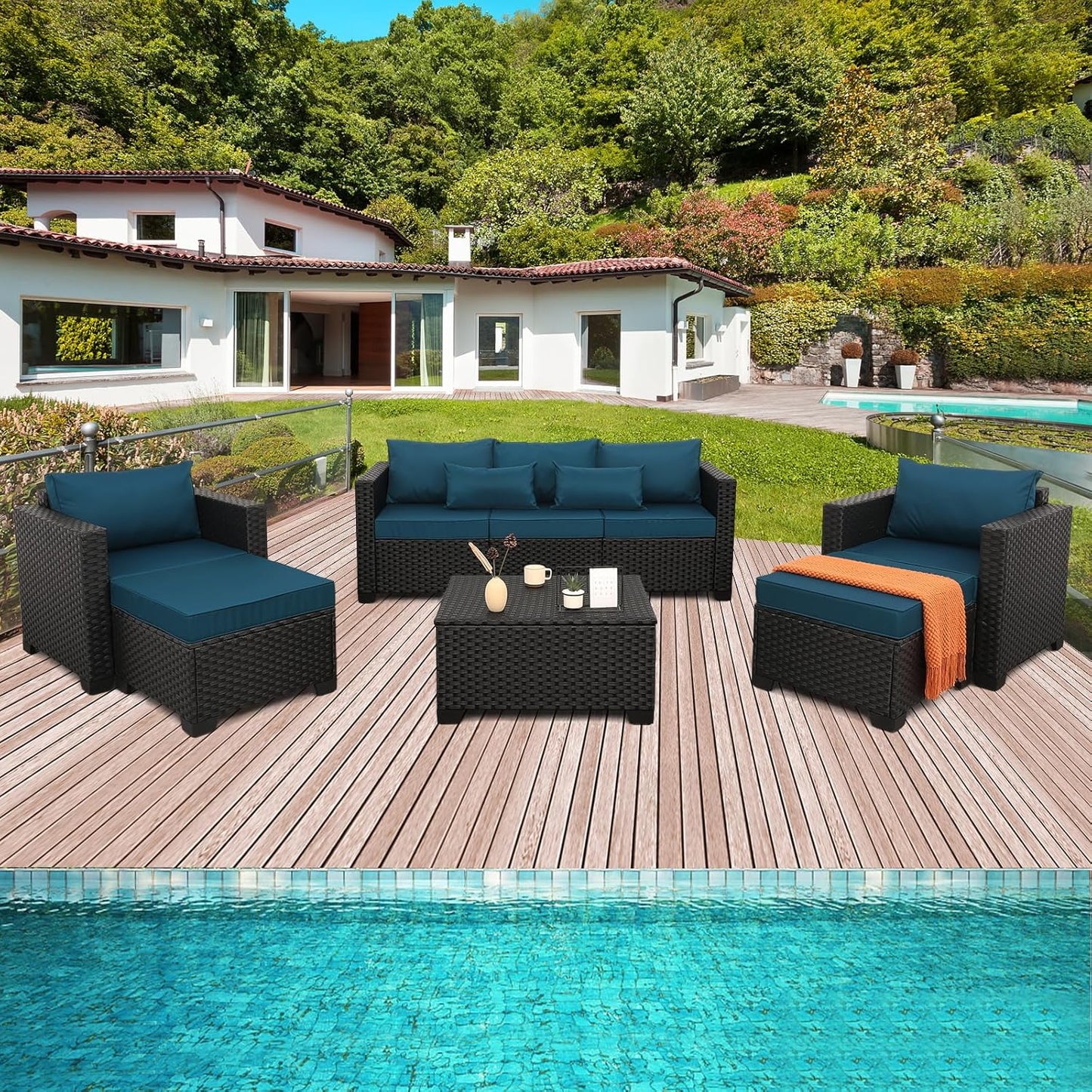 Patio Furniture Set 6 Pieces Couch Outdoor Chairs Coffee Table Peacock Blue Anti-Slip Cushions and Waterproof Covers