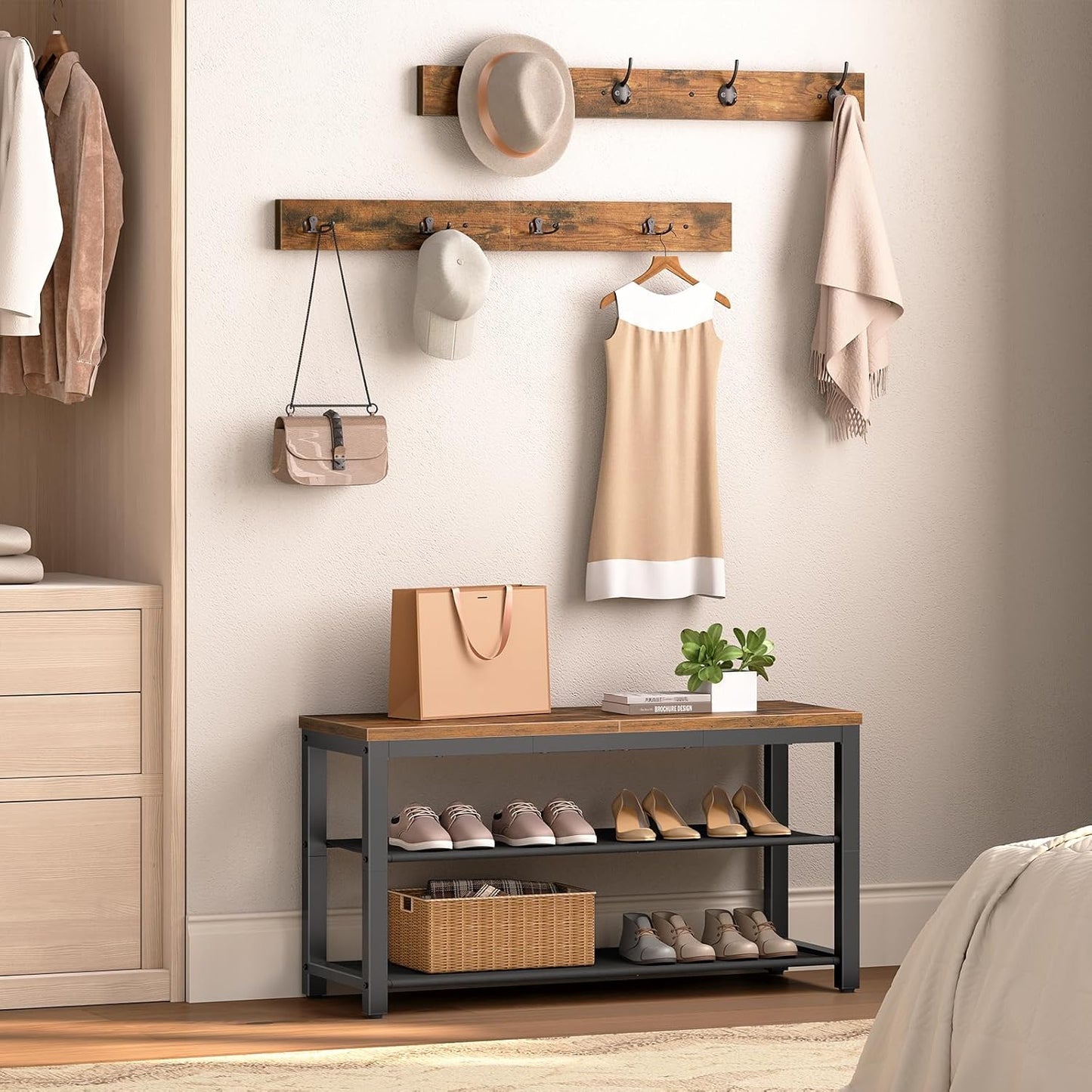 Hall Tree with Bench, Shoe Rack with Coat Rack, Entryway Bench with Coat Rack, Coat Rack with Shoe Storage, with 2 Oxford Fabric Shelves, Mud Room, Industrial, Rustic Brown and Black BF77MT01