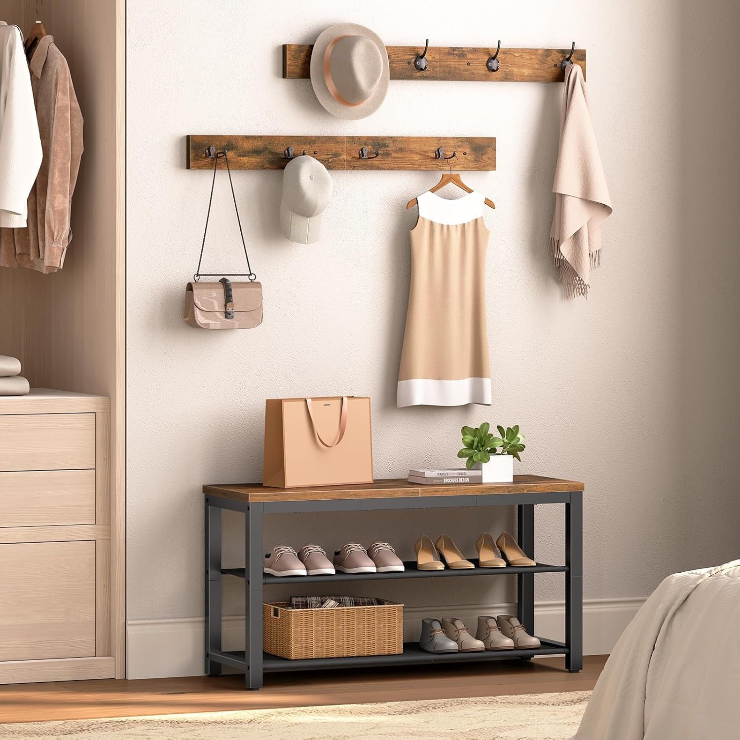 Hall Tree with Bench, Shoe Rack with Coat Rack, Entryway Bench with Coat Rack, Coat Rack with Shoe Storage, with 2 Oxford Fabric Shelves, Mud Room, Industrial, Rustic Brown and Black BF77MT01