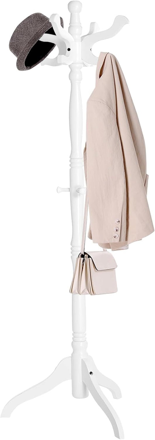 Coat Stand, Solid Wood Freestanding Coat Rack with 11 Hooks, Hall Tree for Bags, Purses, Hats, for Entryway, Hallway, Rubberwood, White URCR005W02