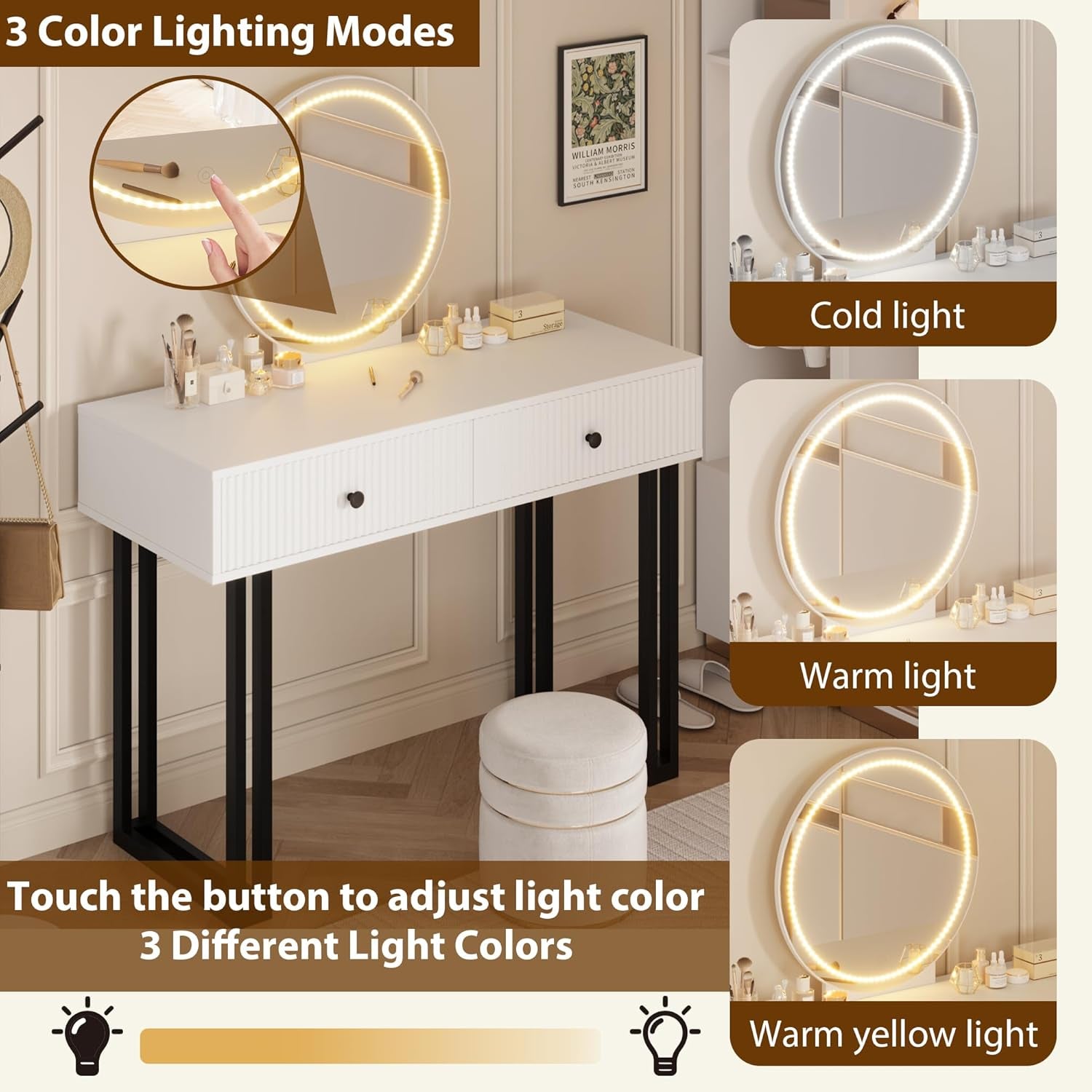 White Vanity Desk with Mirror and Lights, Small Makeup Vanity with 2 Drawers, Modern Vanity Organizer with 3 Color Lights＆Adjustable Brightness, Dressing Table for Bedroom
