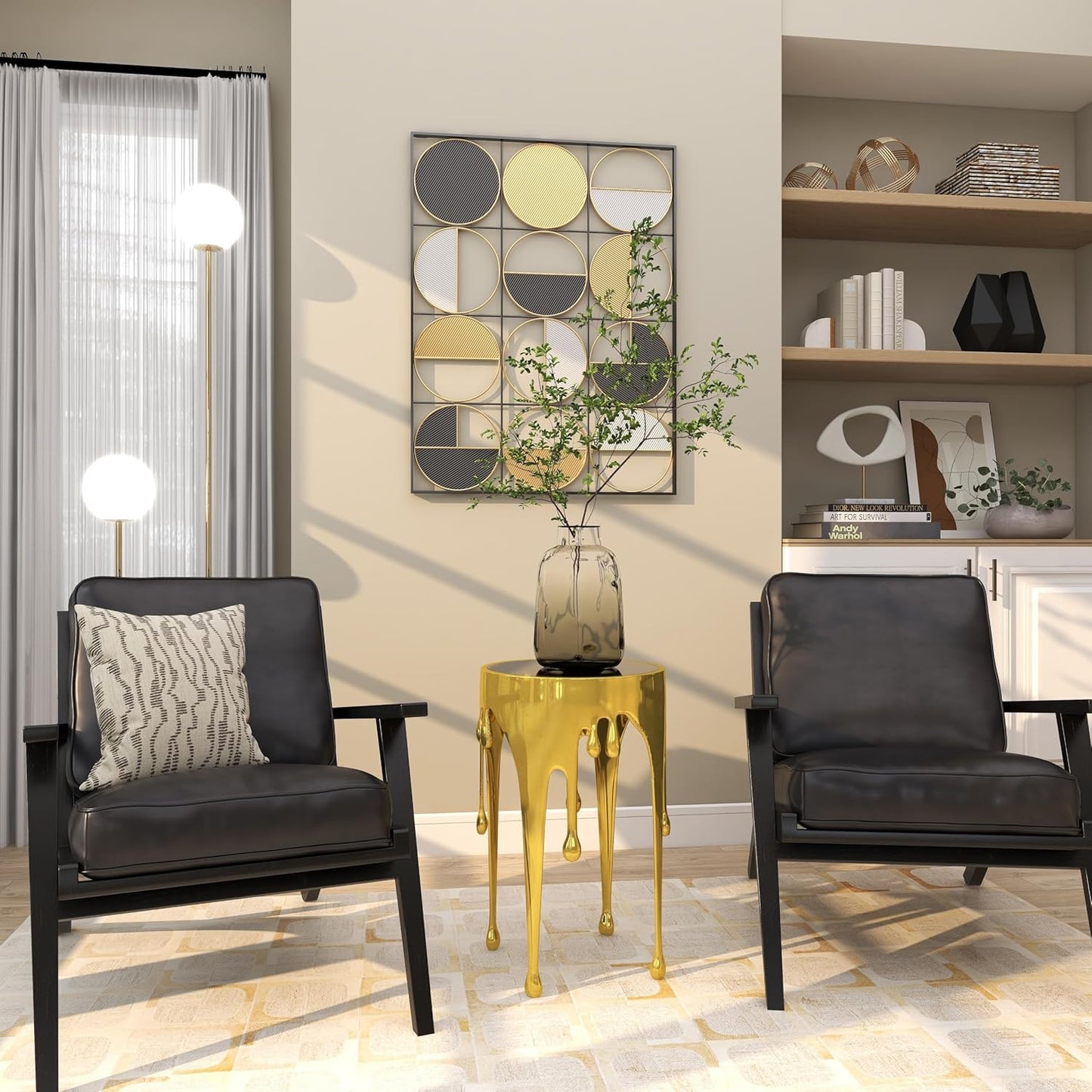 Aluminum Metal Abstract Melting Drip Accent Table with Melting Design and Shaded Glass Top, 16' X 16' X 25', Gold