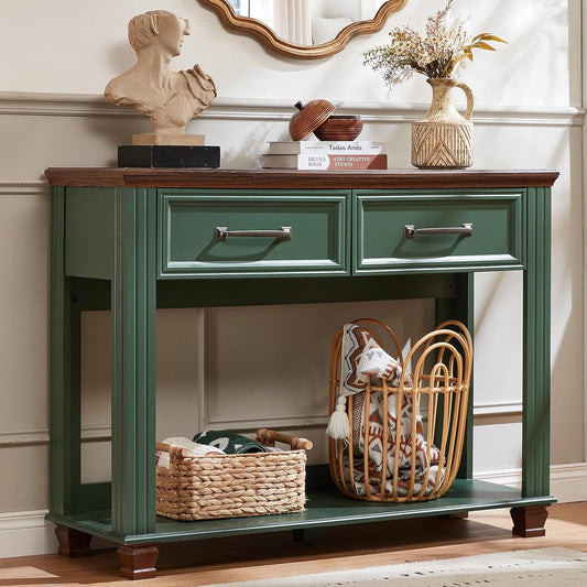 Farmhouse 46" Console Table with 2 Drawers, Rustic Wood 2 Tier Entryway Table with Open Storage Shelf for Entry, Large Mid-Century Vintage Sofa Tables behind Couch for Living Room, Green