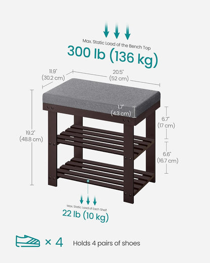 Bamboo Shoe Bench, 3-Tier Shoe Rack Organizer for Entryway, Living Room, Bench Seat Holds up to 300 Lb, 11.9 X 20.5 X 19.2 Inches, Rustic Walnut and Slate Gray ULBS504M01