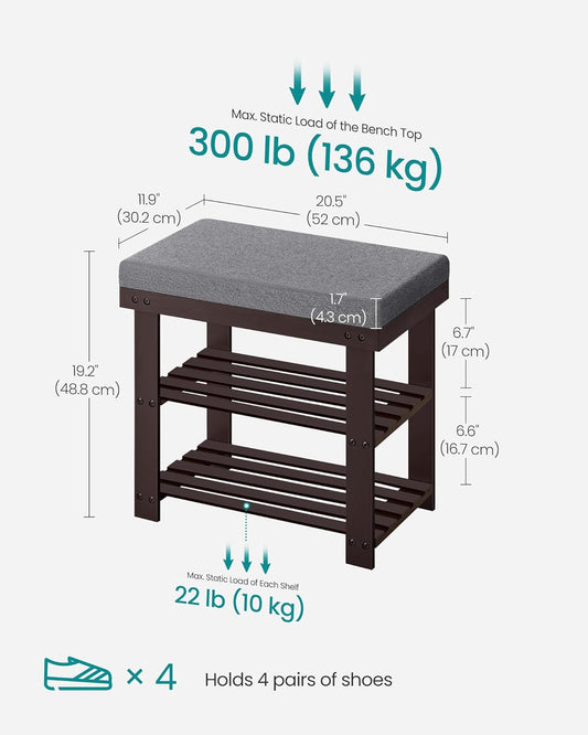 Bamboo Shoe Bench, 3-Tier Shoe Rack Organizer for Entryway, Living Room, Bench Seat Holds up to 300 Lb, 11.9 X 20.5 X 19.2 Inches, Rustic Walnut and Slate Gray ULBS504M01