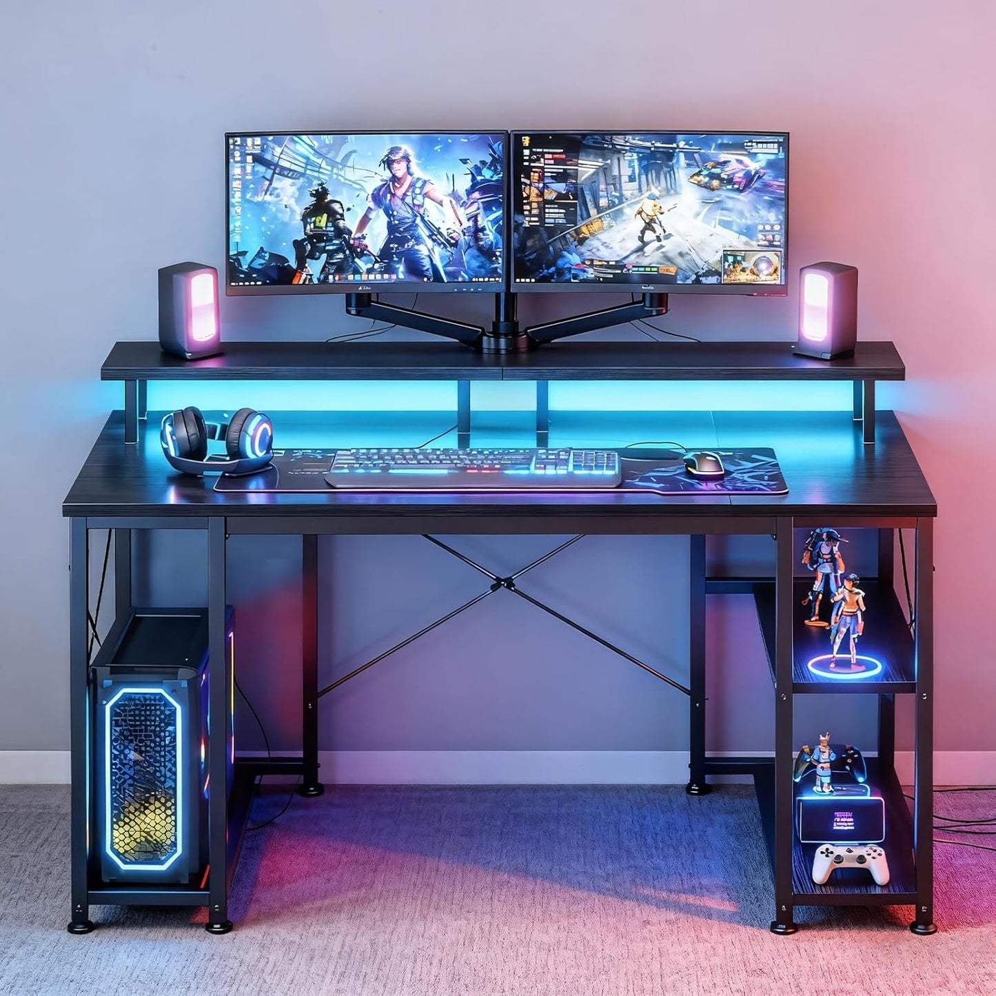 48 Inch Gaming Desk with LED Lights & Power Outlets, Computer Desk with Monitor Stand & Storage Shelves, CPU Stand, Home Office Desk, Black
